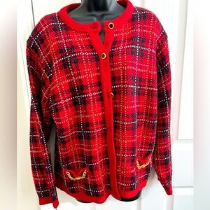 Vintage Christmas Sweater Red Plaid Cardigan with Gold Accents